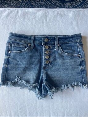 GUESS Women's Size 24  Blue Denim Frayed Hem Button-Fly Shorts